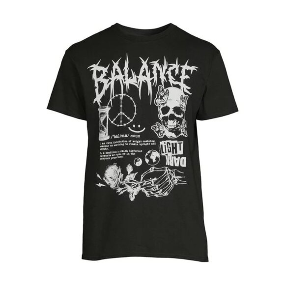 Balance Skull Mens Black Graphic T-Shirt Peace Rose Time Short Sleeve Size 2XL - Picture 2 of 5